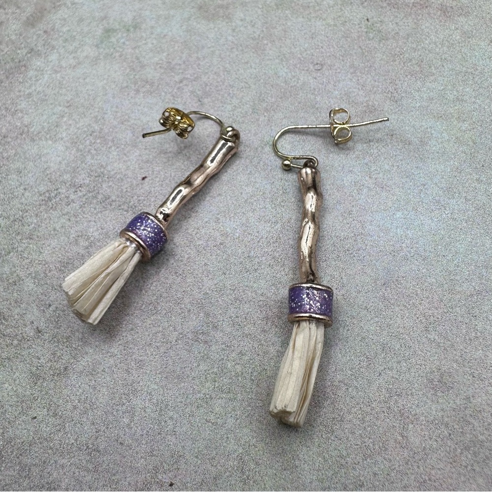 Nickel free Silver Twig Earrings with Purple Accent and Cream Tassel